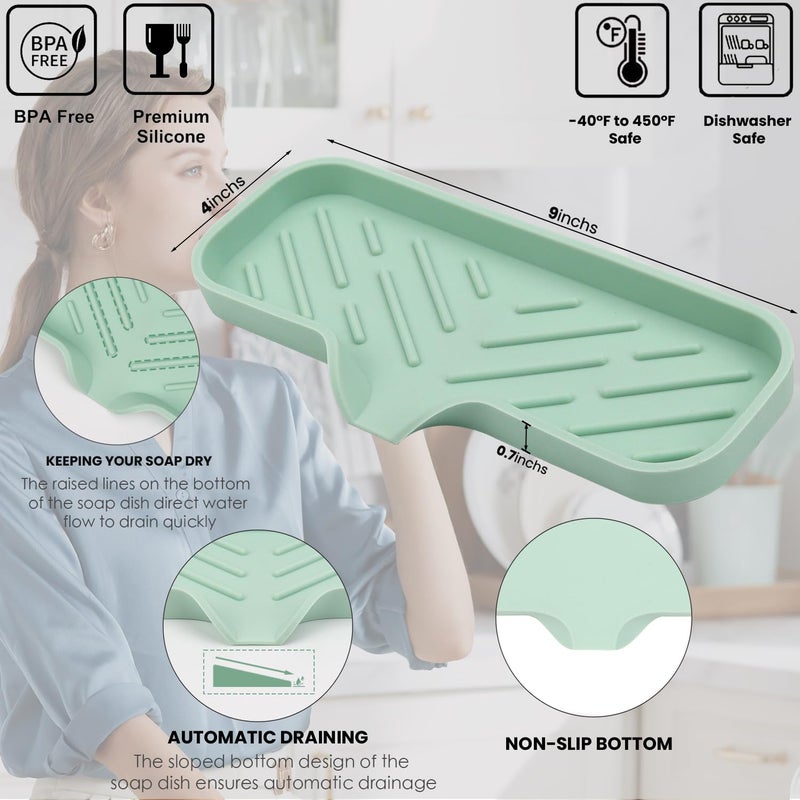 YASMEN Silicone Bathroom Soap Dishes, Sink Sponge Holder for Kitchen, Rubber Soap Dish with Drain, Shower Soap Sponge Tray, Sink or Counter Organizer, for Bar Soap, Bottle, Dish Soap Dispenser- Green - Image 2